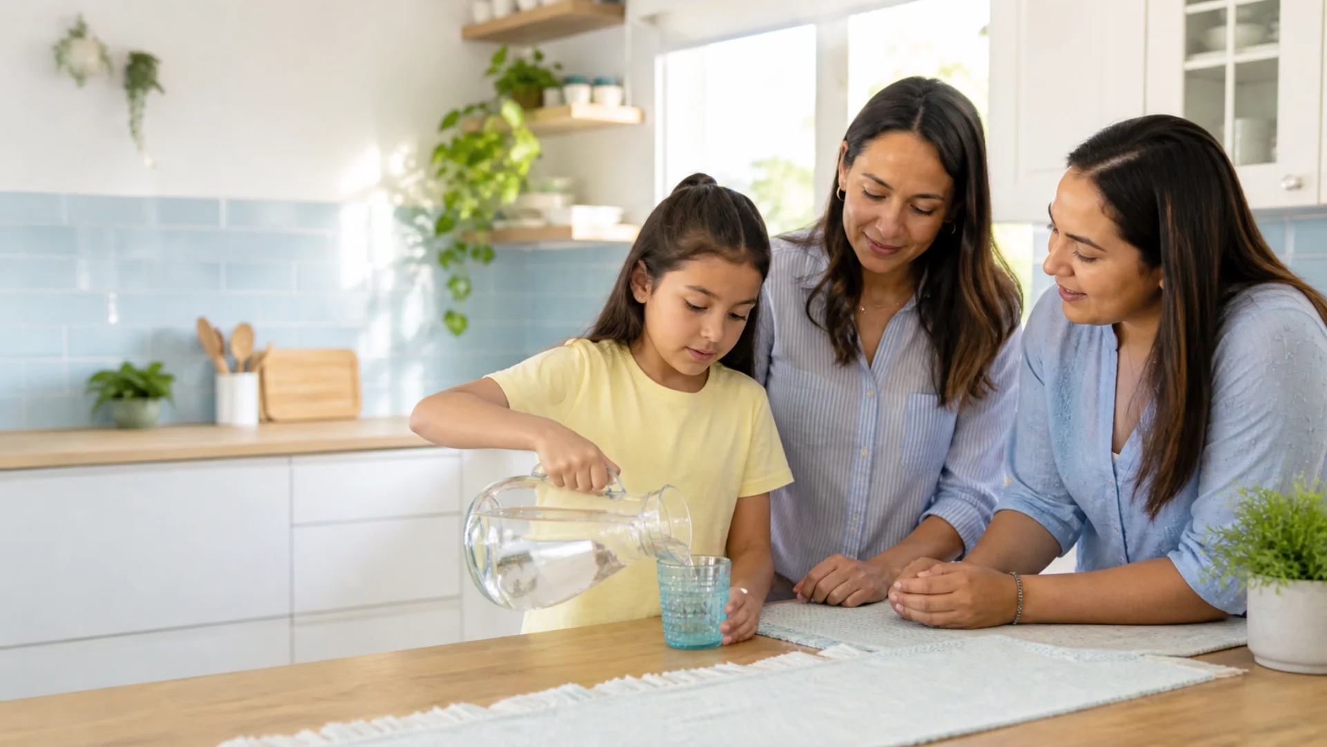 A clinician and a child working together at a kitchen table