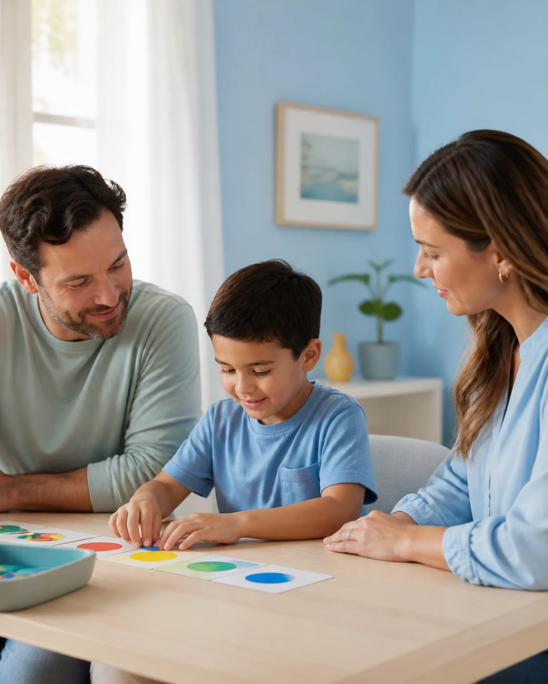 A behavior analyst working through an activity with a child and their parent